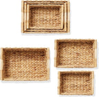 Casafield Set of 3 Water Hyacinth Rectangular Storage Baskets with Wooden Handles - Small, Medium, and Large Woven Nesting Baskets for Organizing