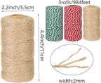 Christmas Cotton Twine Natural Jute 2mm Packing 984 Feet Bakers Kraft Butchers Baking Gardening Twine for Gift Wrapping Arts Crafts Party Decorations(Brown Green Red)