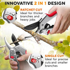 Ratchet Pruning Shears for Gardening Heavy Duty - Increases Cutting Power 3x - Perfect Ratchet Pruners for Weak Hands & Arthritis - 8” Anvil Garden Clippers - Sharp Blade for Effortless Cutting - Red
