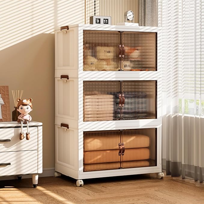 Jalove 30Gal Large Storage Bins with lids, 120QT Plastic Stackable Storage Containers with Wheels, Collapsible Closet Organizer and Storage Drawers,Clothes Organization for Cabinet Home, 1Pack White