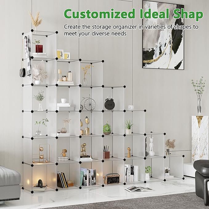 C&AHOME Cube Storage Organizer, 30-Cube Shelves Units, Closet Cabinet, DIY Plastic Modular Book Shelf, Ideal for Bedroom, Living Room, Office, 60.6" L x 12.4" W x 72.6" H Transparent White UPCS30W