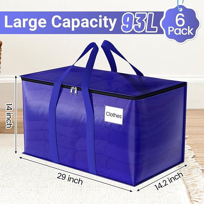 FabSpace Moving Storage Bags, Moving Supplies Packing Boxes for Moving, Camping, College Dorm Room Essentials for Girls, Blue Tote Bags, Heavy-Duty Storage Bins With Lids And Zippers, 93L 6 Pack