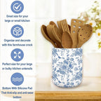 JarThenaAMCS Chinoiserie Floral Ceramic Utensil Holder Blue Flower Butterfly Utensil Crock for Home Kitchen Countertop Storage Organizer Container