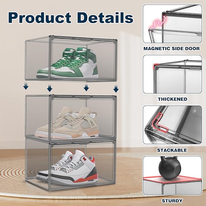 4 Pack Clear Shoes Storage Box Organizer Acrylic Sneaker Shoe Display Case Stackable Storage Organizer with Lid,Black Size 14