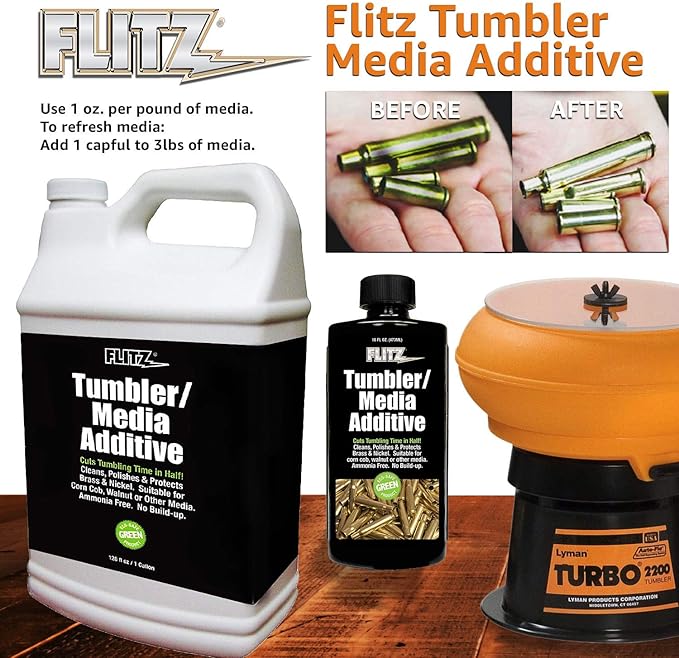 Flitz Tumbler Media Additive - 7.6oz Bottle of USA-Made Brass Cleaner Reloading Liquid for Ammo, Copper, & All Metals - Ammonia-Free Tumbling Polish to Remove Oxidation, Powder Residue (1 Pack)