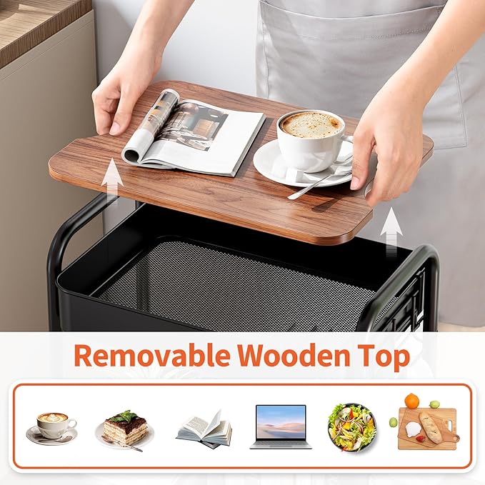 TOOLF 3-Tier Rolling Cart with Table Top, Metal Storage Cart on Wheels, Utility Organizer with Wooden Tray, Lockable Casters, Easy Assembly for Bathroom, Living Room, Office, Kitchen, Black