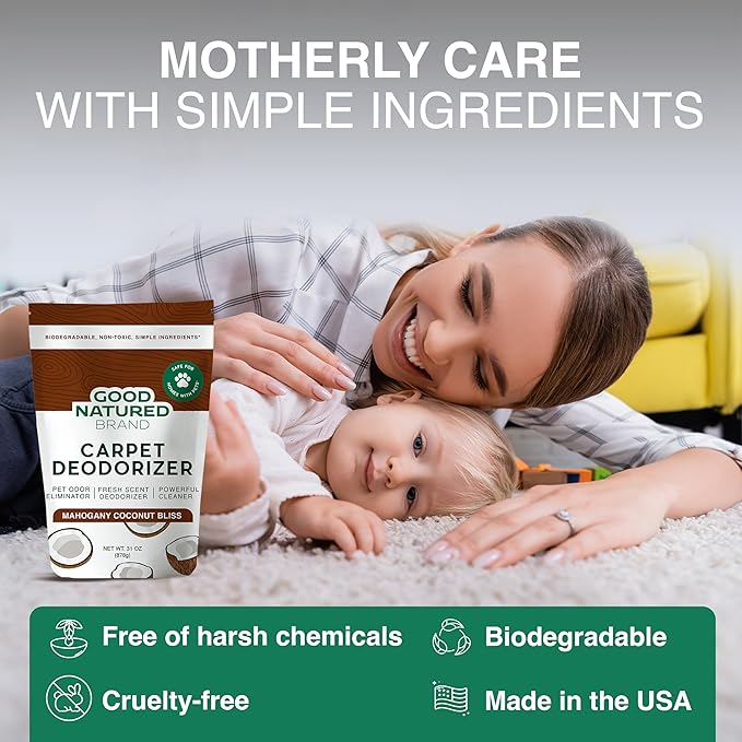 Good Natured Brand | Carpet Deodorizer & Freshener Powder | 31 oz Pet Odor Eliminator for Strong Odor & Pet Urine | Fresh Natural Mahogany Coconut Bliss Scent | Safe for Homes with Pets