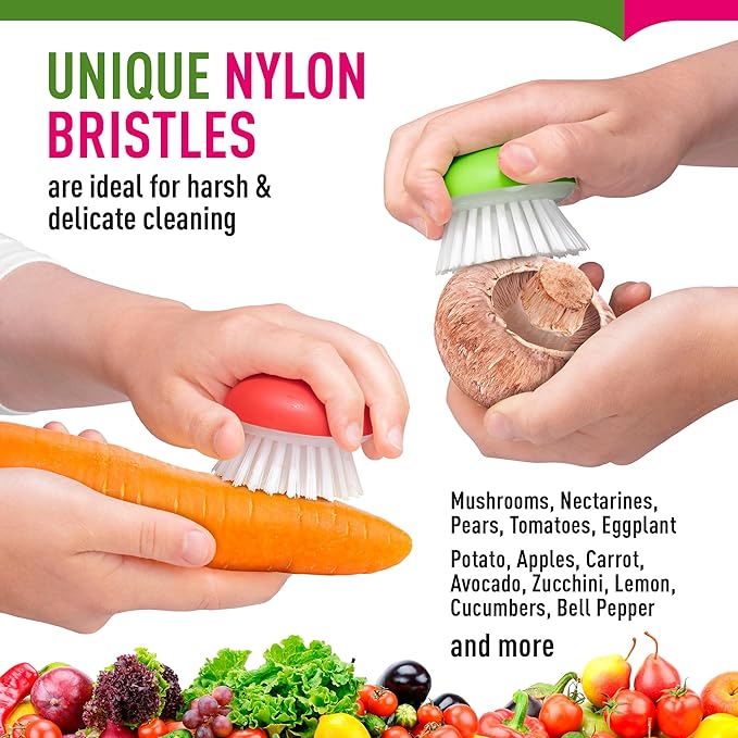 Vegetable Brush Scrubber for Food – 2Pcs Set Fruit and Veggie Brush – Silicone Top and Ultra-Strong Bristles Potato Scrubber – Palm Held Ergonomic Design – Easy to Clean – Red and Green