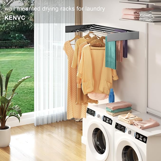 Wall Mounted Drying Rack, 40 "Wide, 16.5 Linear Ft, 5 Aluminum Rods, 60 lb Capacity, Space Saver Laundry Drying Rack Collapsible (Grey 40" Large)