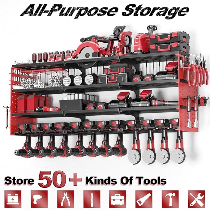 Large Power Tool Organizer Wall Mount, 52" Heavy Duty 4 Tier Garage Storage Shelf with 12 Drill Holder, Power Tool Storage Organizer Loads 480lbs for Garage Organization Warehouse Workshop