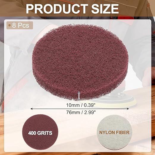 uxcell 8Pcs Scrubber Scouring Pad, 3 Inch 400 Grits Drill Power Brush Hoop and Loop Scrub Pads Discs Polishing Pad for Household Furniture Automotive Cleaning, Red