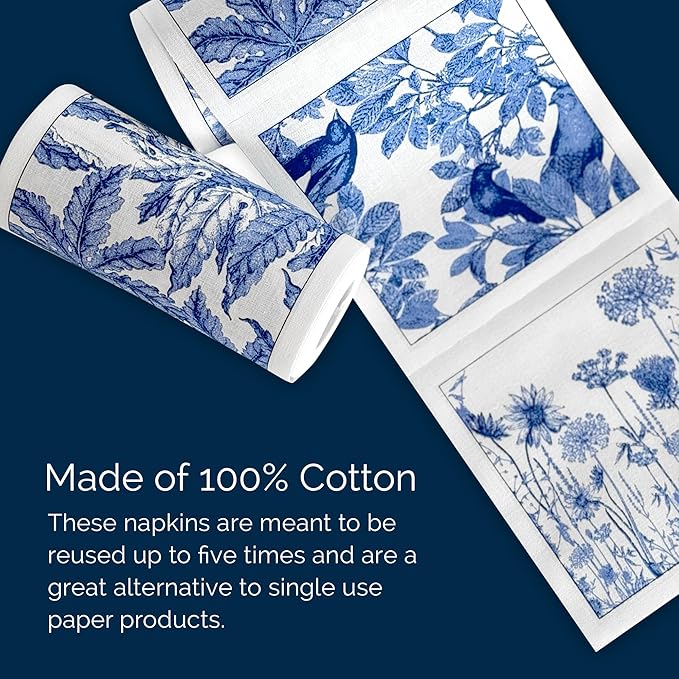 Botanicals Cocktail Napkin Roll of 50 | 100% Cotton Quick Dry Reusable | Perfect for Home, Dining, Birthday, Gifts | Blue and White, 4.5W X 4.5L