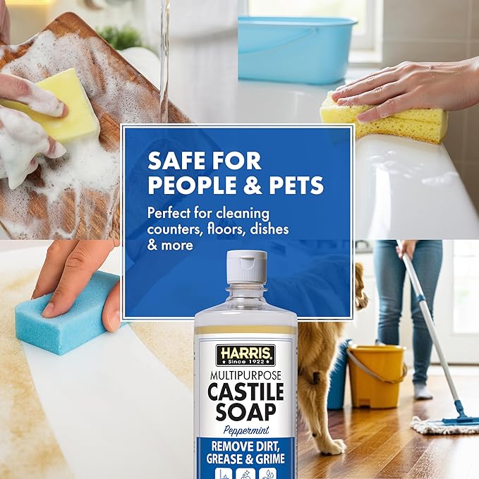 HARRIS Multi-Purpose Pure Castile Soap, Made with Olive, Coconut, and Pine Tree Oil, Uses for Face, Body, Hand, Hair, Home, Dishes, and Laundry, Peppermint, 32 Fl Oz