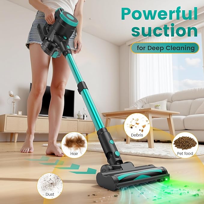Cordless Vacuum Cleaner, Stick Vacuum with Powerful Suction, 45Mins Runtime Vacuum Cleaners for Home, Anti-tangle and 1.5L Dust Cup, 6 in 1 Lightweight Vacuum for Hardwood Floor Carpet Pet Hair