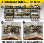64''W XLarge Power Tool Organizer Wall Mount | Modular & Corner-Fit 820lbs Storage Rack with 8 Cordless Drill Holder | 4-Tier Heavy Duty Metal Utility Shelf for Garage Workshop Organization