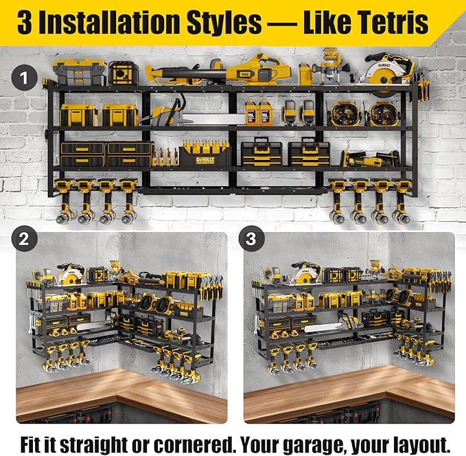 64''W XLarge Power Tool Organizer Wall Mount | Modular & Corner-Fit 820lbs Storage Rack with 8 Cordless Drill Holder | 4-Tier Heavy Duty Metal Utility Shelf for Garage Workshop Organization