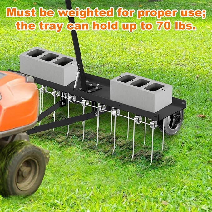 40" Tow Behind Lawn Dethatcher, Pull Behind Rake with 24 Rust-Proof Tines and Heavy Tires, Lawn Tractor Rake with Lift Handle, Black Tow Behind Rakes to Remove Thatch, Leaves from Large Lawn Area