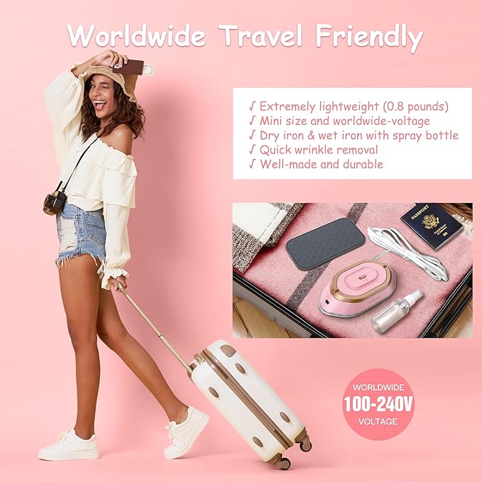 Newbealer Travel Iron with Global Voltage, 100-240V Mini Dry Iron for Clothes (No Steam), Max 300W, 60s Heat Up, 302℉ Non-Stick Ceramic Soleplate, 0.8lbs Ultra-Lightweight (Pink)
