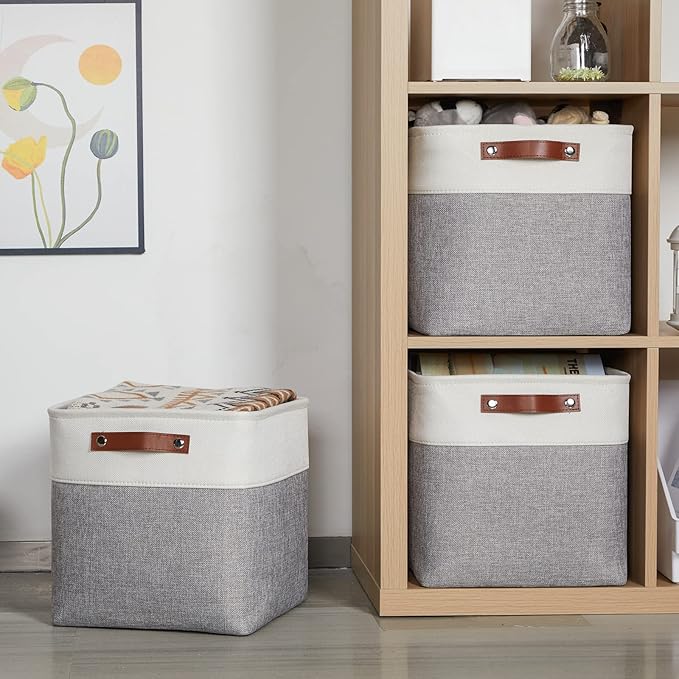HNZIGE Storage Basket(4 Pack) Fabric Baskets for Organizing Clothes Closet,Towels,Cube Storage Bins,12x12 Storage Cube basket with Handles for Shelves,Toys,Blankets,Office,Room Storage(White&Grey)
