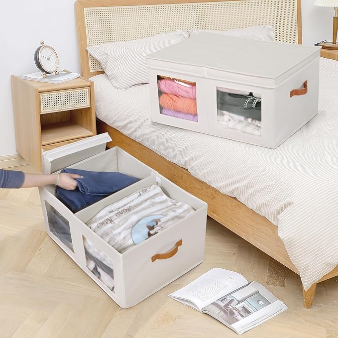 Univivi Large Storage Boxes with Lids, Collapsible Foldable Storage Bins for Clothes, [2-Pack] Fabric Storage Cubes with Handles, Closet Organizers for Home, Bedroom (Beige, 24” x 17” x 12")