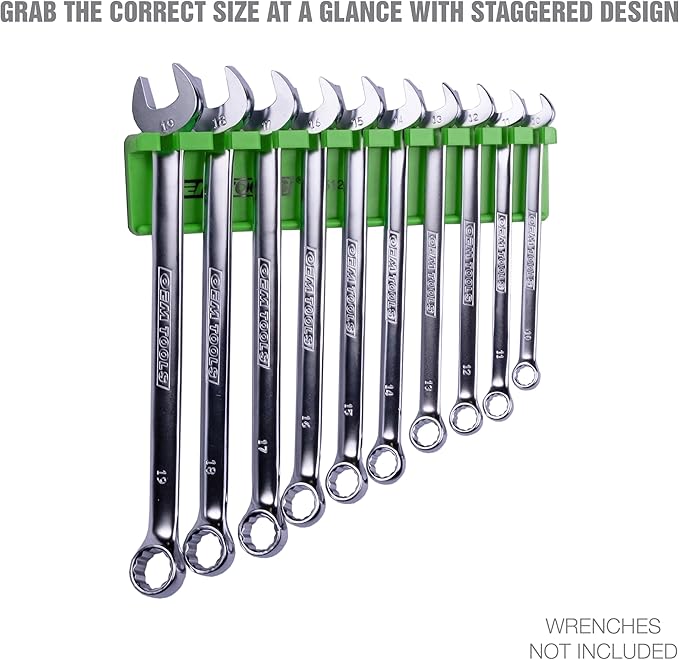 OEMTOOLS 22512 Magnetic Wrench Holder and Tool Organizer, Magnet Holds Up To 10 Wrenches To Most Metal Surfaces, SAE and Metric, 9.25 Inch Magnetic Tool Holder For Shop Or Garage, Green