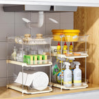 Delamu 2 Pack 3-Tier Bathroom Under Sink Organizers and Storage, Multi-Purpose Stackable Pantry Organization and Storage, Pull Out Clear Kitchen Bathroom Cabinet Organizer with Movable Dividers, Beige