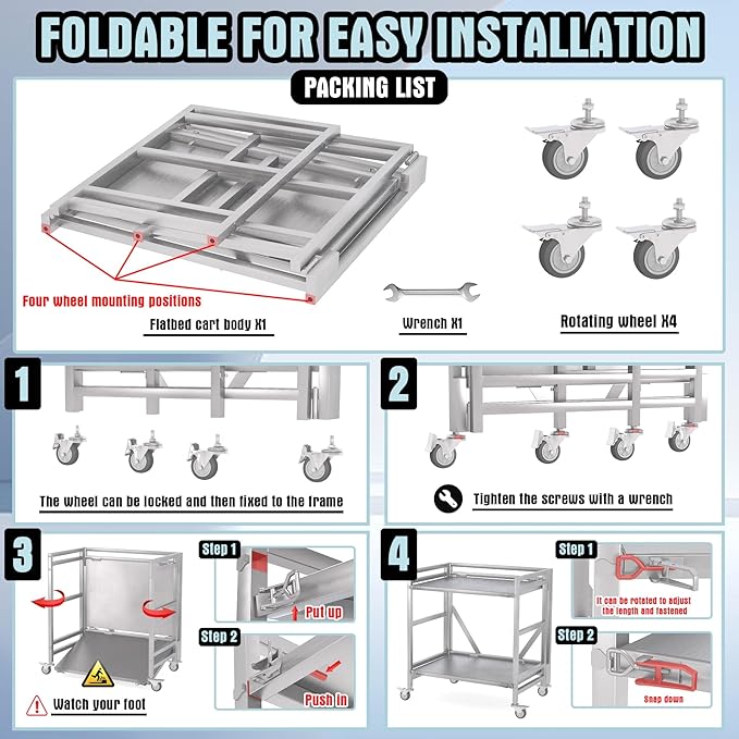 2 Shelf Rolling Cart with Wheels, 660lbs Capacity Collapsible Steel Rolling Utility Cart, Heavy-Duty Foldable Workbench, Metal Rolling Storage Cart with Handle for Groceries, Warehouse (36" Lx26 W)