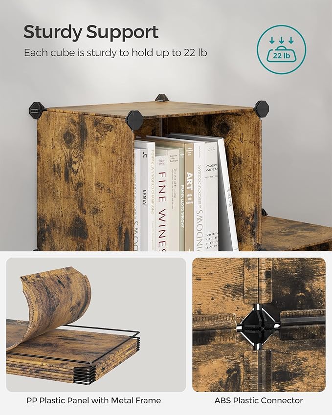 SONGMICS 6 Cube Storage Organizer, Modular Bookshelf, DIY Closet Organizers and Storage, Plastic Stackable Shelves, 14.6 x 13 x 13 Inch Cubes, with Feet and Rubber Mallet, Rustic Brown ULPC206A01