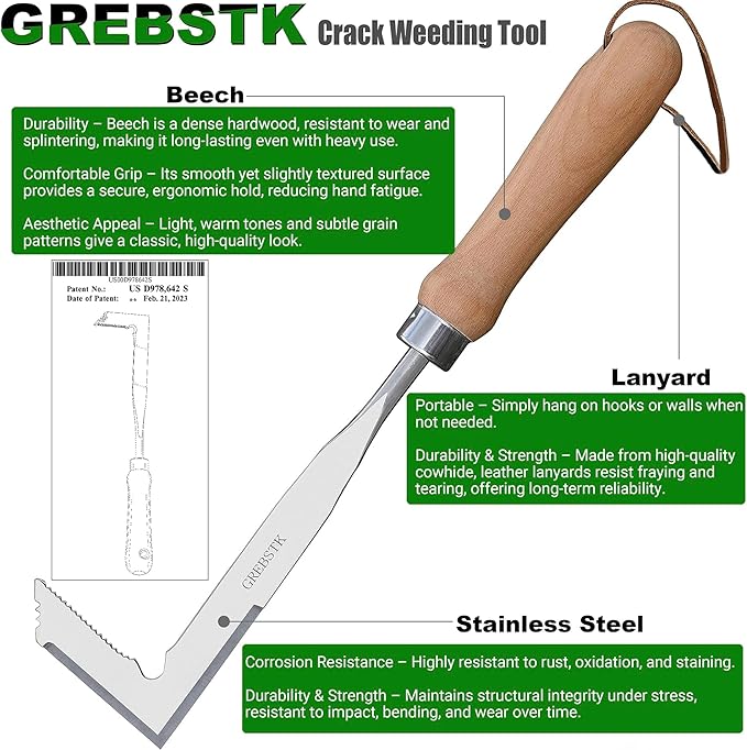GREBSTK Crack Weeder Crevice Weeding Tool Manual Weeder Beech Handle Lawn Yard Gardening Tool