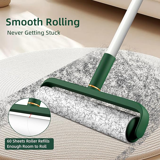 Large Lint Rollers for Pet Hair, Floor Lint Roller with 9.45 in Giant Lint Roller Refill 360 Sheets Total, Extendable Handle Sticky Rollers for Floor, Carpet, Furniture, Clothing & Couch (Green)