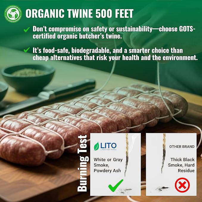 Organic Butcher’s Twine for Cooking & Trussing – 2mm Heavy-Duty Natural Cotton Kitchen Twine 500 Feet – Food-Safe, Oven-Safe String for Meat, Turkey, Baking, & Crafts