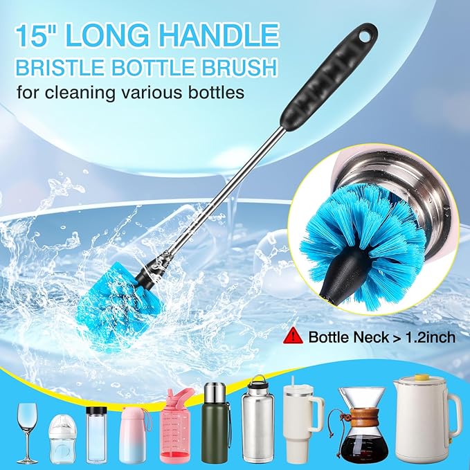5 Pack Bottle Cleaning Brush Set, Stainless Steel Scrub Cleaner Brush with 15'' Long Handle and 3 Straw Brushes, Flexible for Cleaning Sport Water Bottles, Straws, Coffee Mug, Cups, Baby Bottle
