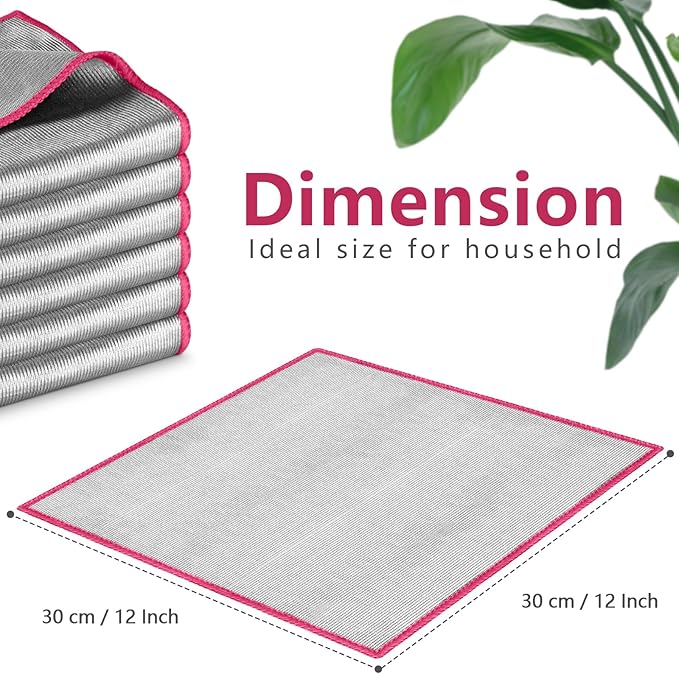 Glass Polishing Cloth Streak Free Miracle Microfiber Cleaning Cloth Lint Free Cleaning Rags for Glasses Kitchen Dish Mirrors Easy Clean, Pack of 6, 12" x 12", Sliver-Pink