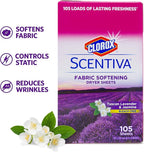 Clorox Scentiva Fabric Softening Dryer Sheets Fabric Sheets in Tuscan Lavender & Jasmine Scent Laundry Dryer Sheets for Fresh & Clean Clothes (Pack of 6, 630 Count Total)