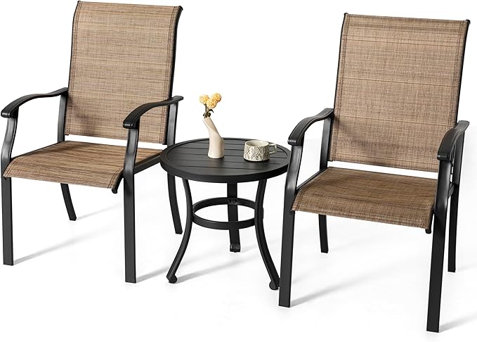 NUU GARDEN 3 Piece Outdoor Bistro Set, 2 Patio Chairs and 20" Round Bistro Table, Textilene Fabric, Powder-Coated Iron Frame, for Patio, Deck, Garden, Backyard, Black and Brown