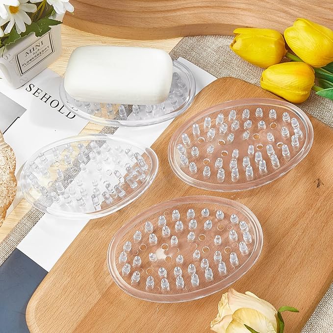 Plastic Soap Holder Soap Dish Bar Saver Tray with Holes Soap Sponge Holder for Kitchen Bathroom Shower Counter, 4.5 x 3 x 0.7 Inches (Clear,2 Pcs)