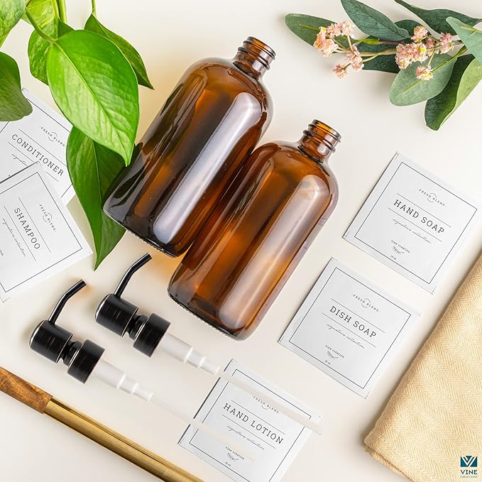 Vine Creations Amber Glass Soap Dispenser, 2 Pack Kitchen Soap Dispenser Set with Stainless Steel Pump, 16 oz Dish Soap and Hand Soap Dispensers for Bathroom with Waterproof Labels