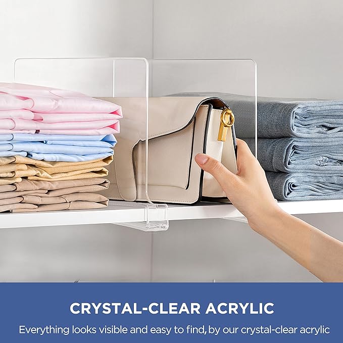 HBlife 9 Pack Clear Shelf Dividers, Vertical Purse Organizer for Closet Perfect for Sweater, Shirts, Handbags in Bedroom and Kitchen, Adjustable Acrylic Bookshelf for Organization