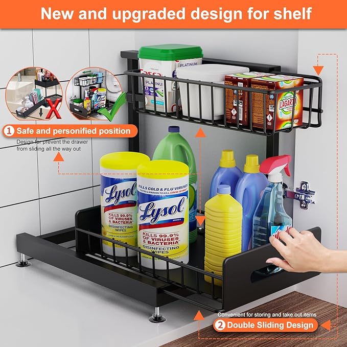 Under Sink Organizer And Storage,Pull Out Cabinet Organizer,2-Tier Slide Out Kitchen Basket Sink Shelf Cabinet Organizers,Adjustable L Shape Under Counter Organizers For Bathroom Kitchen Organization
