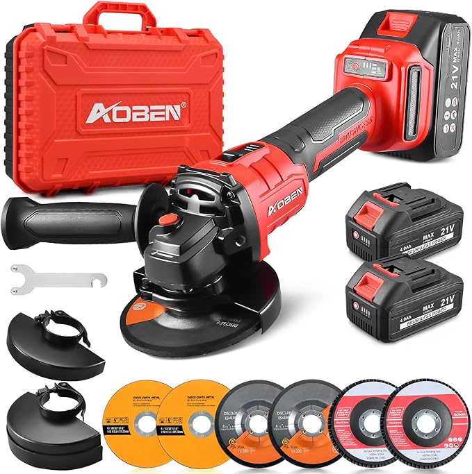 AOBEN Cordless Angle Grinder 4-1/2 inch, 21V Battery Grinder Tool, Power Electric Grinders, Brushless Motor, 2x4.0Ah Battery & Charger, for Cutting, Grinding, Polishing