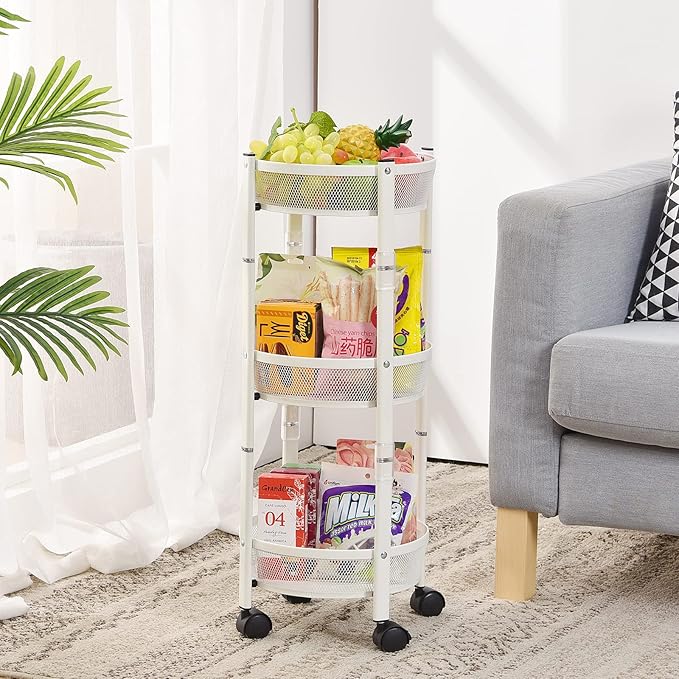 TOOLF 3-Tier Foldable Rolling Cart, Collapsible Metal Utility Cart with Wheels, No Assemble, Multifunction Storage Organizer Trolley for Kitchen, Bathroom, Dorm, Nursery, White
