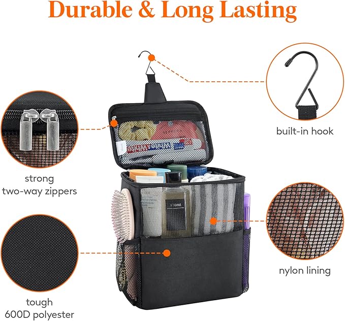 Lifewit Mesh Shower Caddy Bag Portable College Dorm Room Essentials Caddy Tote Basket for Bathroom, Gym, Travel, Camping Quick Dry Hanging Shower Organizer Toiletry Bag for Women Men, Large, Black