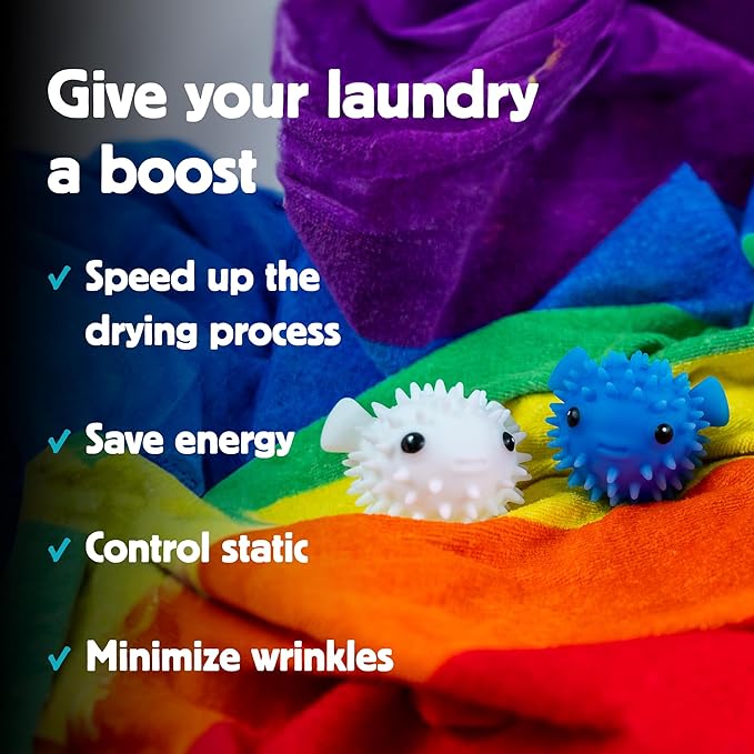 Kikkerland Set of Two Reusable Dryer Buddies for Laundry – Fabric Softener Dryer Balls – Control Static, Remove Wrinkles, Dry Clothes Faster, Puffer Fish