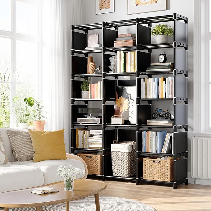 REIBII Book Shelf, 16 Cube Storage Organizers, Tall DIY Book Case for Bedroom, Office, Living Room, Closet, 12" D x 47.24" W x 70.86" H, Black