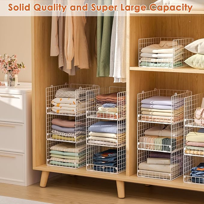 5-Tier Stackable Closet Storage Shelves, Closet Organizers and Storage Basket, Foldable & Stackable Clothes Organizer for Closet Organizer System,Space-Saving Closet Storage Shelf for Home ,White