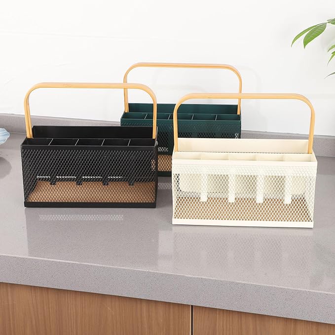 Utensil Caddy Metal Mesh Silverware Cutlery Organizer Basket with Bamboo Handle, Multi-Purpose Steel Wire Caddy 6 Compartment Flatware Basket for Kitchen, Countertop, Picnic, Restaurant, White