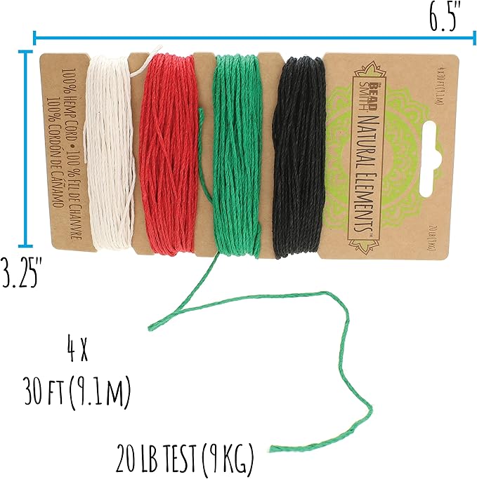 The Beadsmith 100% Hemp Cord – Primary Colors – 1mm, 30 Foot Spool, 20LB Test Strength – Twine for Jewelry Making, Macrame, Paper Crafts, Gardening, Scrapbooking, Home Décor, DIY String Art & More