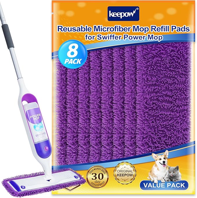KEEPOW 8 Pack Reusable Pads for Swiffer Power Mop, Refill Pads for Swiffer Power Mop Wood Floor Cleaning, Microfiber Mop Pads for Hardwood Floors