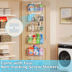 Adjustable Over The Door Organizer, Metal Hanging Door Organizer with 5 Wire Basket 7 Hooks, Wall Mounted Shelf for Pantry Closet Organization and Storage, White