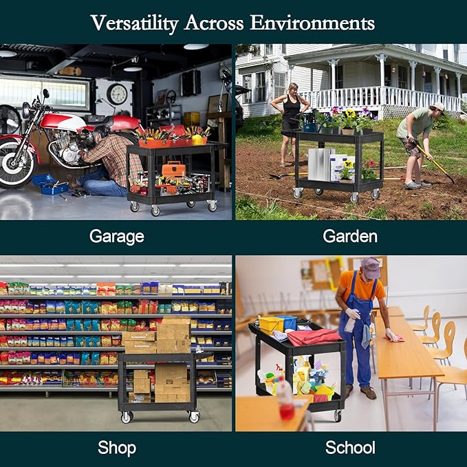 Heavy Duty Cart Utility Cart, Heavy Duty Rolling Service with Wheels, 500lbs Load Capacity, Durable Plastic & Deep Shelves for Warehouse, Garage, Cleaning - Swivel Wheels Easy Maneuverability